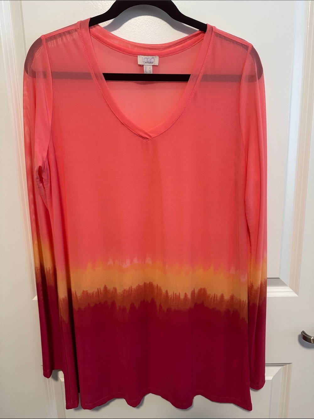 LOGO by Lori Goldstein MESH Sunset Ombre V-Neck Long Sleeve Top